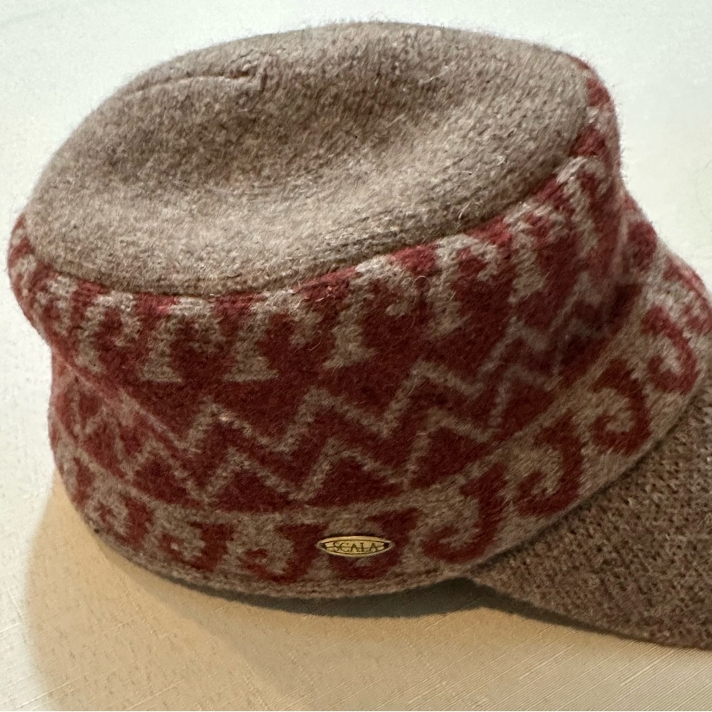 Scala Wool Blend Hat Womens One Size Brown Red Pattern Newsboy Cap